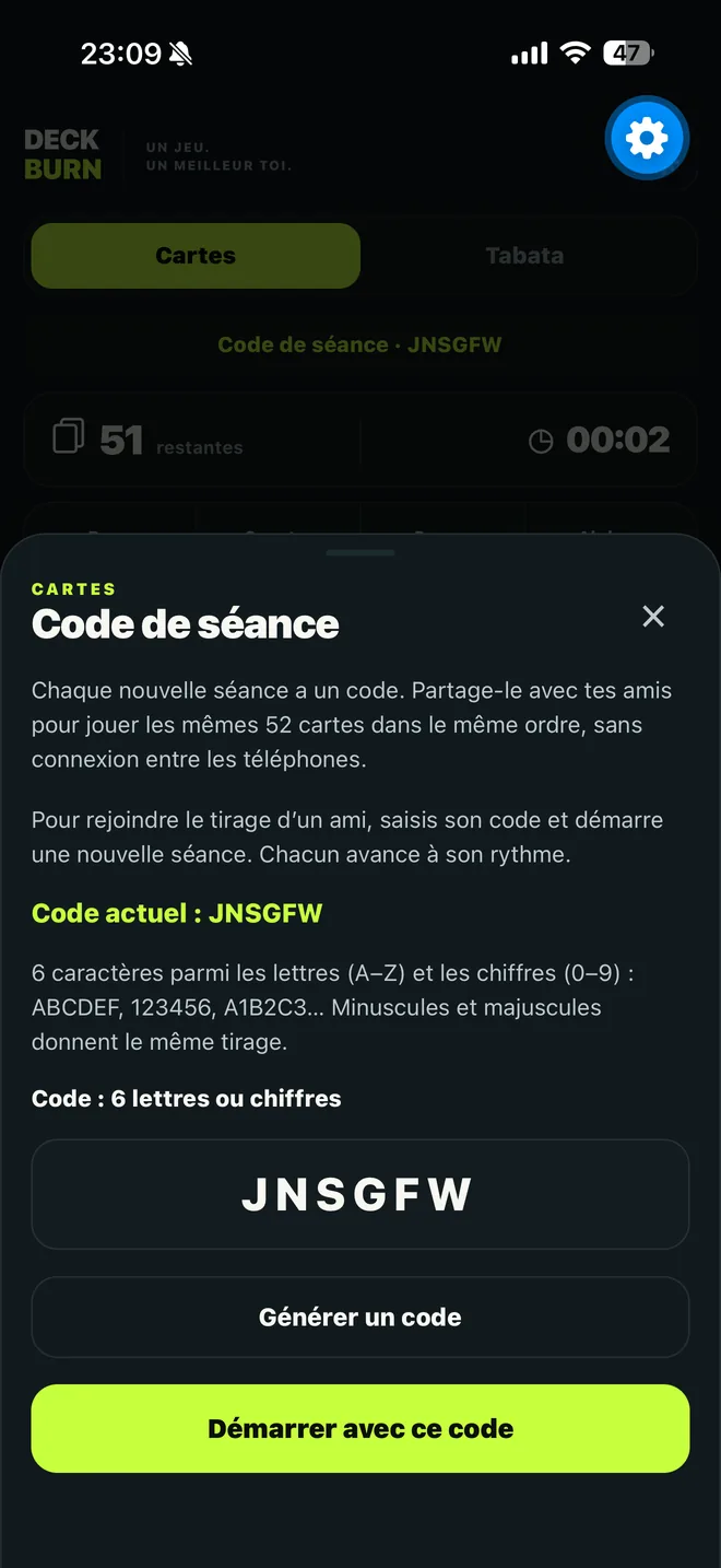 Actual DeckBurn screen in French showing the session code and how to join the same draw