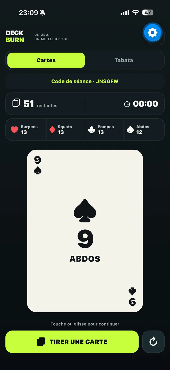 Actual DeckBurn screen in French showing a nine of spades, nine abs reps, the timer, and remaining cards