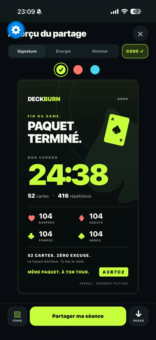 Actual DeckBurn sharing preview in French with a poster clearly marked as demo data